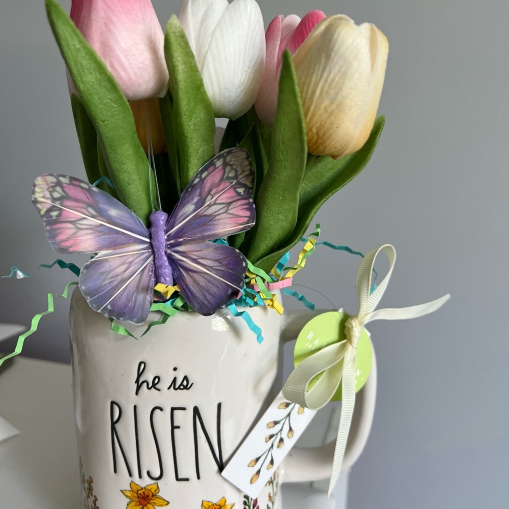 Floral Mug by Rae Dunn Easter He is Risen with Tulips and Butterfly Accent